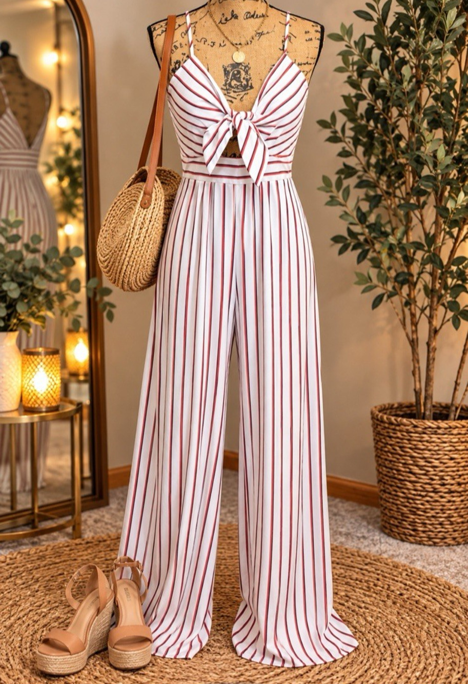 Forever 21 Womens Medium Red White Striped Tie Front Wide Leg Jumpsuit Cutout